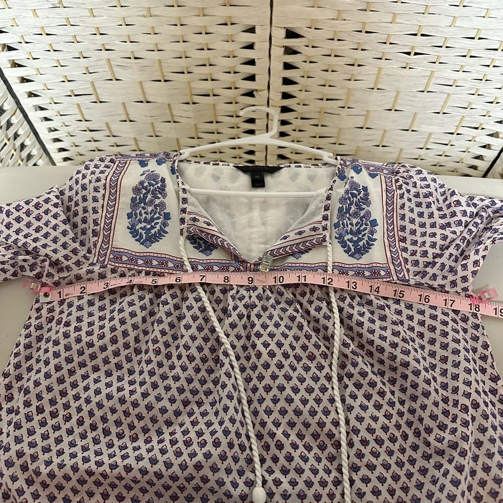J. Crew‎ Blue and Purple Patterned Blouse Tassels Tie Neckline